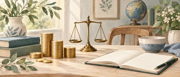 Illustrated coins, balance scale and ledger