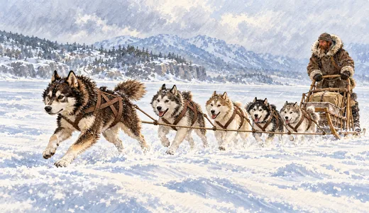 Illustration of harnessed huskies pulling a wooden cargo sled and musher across snow-covered Alaskan ice.