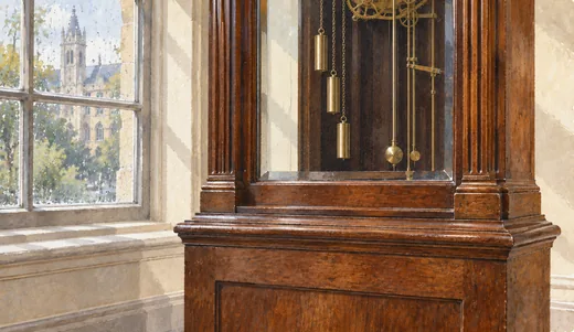 Illustration of a wooden clock cabinet with its mechanism behind glass beside a rain-speckled window.