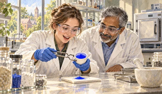 Illustration of researchers wearing safety goggles examining vivid blue powder in a crucible beside a laboratory furnace.