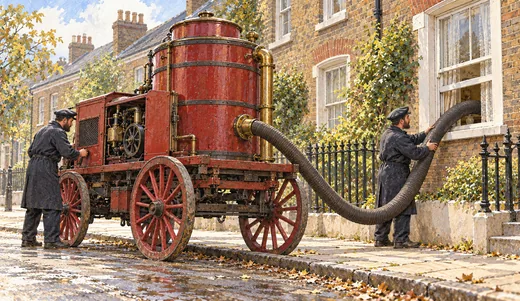 Illustration of a large red wagon-mounted vacuum outside a London house, with an operator guiding its hose through a window.