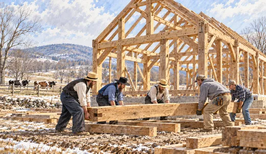 Illustration of builders lifting a timber beside a new dairy barn frame, with cows safely behind a fence.