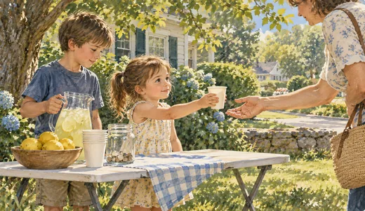 Illustration of a little girl offering lemonade at a front-yard table while her older brother helps with a pitcher.