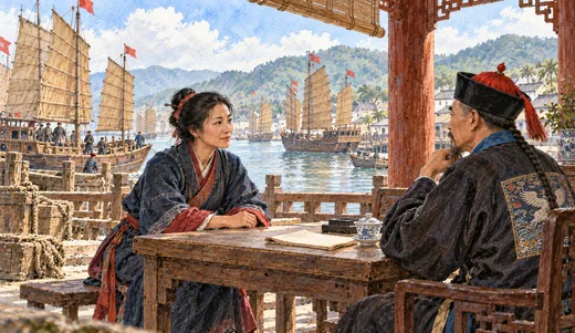 Illustration of a Chinese maritime leader speaking with a Qing-era official at a harbor pavilion, with junk sails behind them.