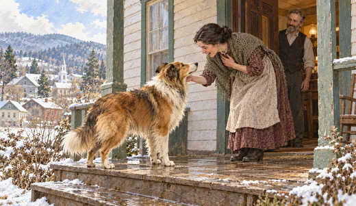 Illustration of a travel-worn collie meeting a woman at her doorway on a wintry day.