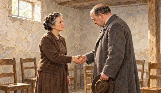 Illustration of a woman clasping a man's hand in a plain church basement, illustrating Corrie ten Boom's account of forgiveness.