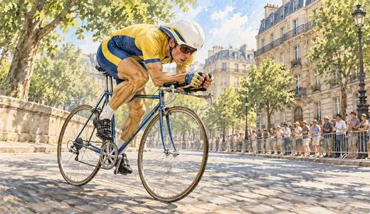 Illustration of a racing cyclist crouched over aerodynamic handlebar extensions during a time trial on a Paris street.