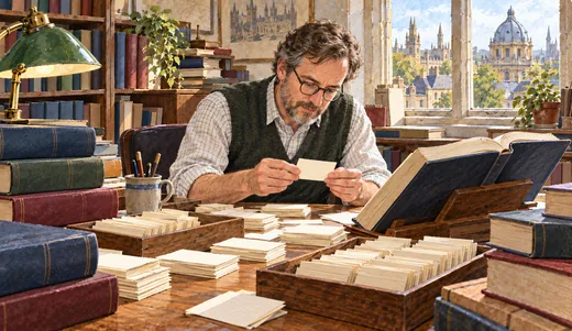 Illustration of a dictionary editor examining a quotation slip above trays of cards, with a reference book nearby.