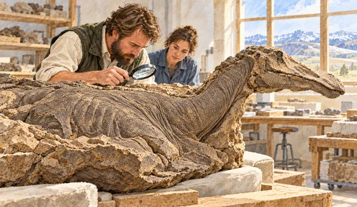 Illustration of a paleontologist examining a duck-billed dinosaur mummy's preserved skin with a magnifying glass.