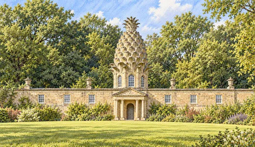 Illustration of the Dunmore Pineapple, a stone pineapple rising above a small classical building in a wooded garden.