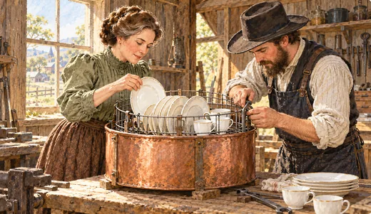 Illustration of a woman and a mechanic fitting a wire dish rack inside a copper vessel in a workshop.