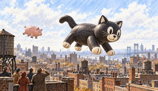 Illustration of cat-shaped and pig-shaped parade balloons drifting above old New York rooftops with loose ropes trailing.
