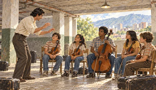 Illustration of a music teacher guiding young violin and cello students in a simple concrete garage.