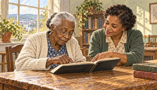 Illustration of an elderly Black woman following a book with her finger while an adult tutor sits beside her.
