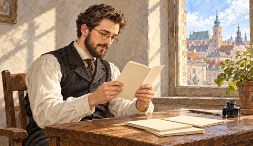 Illustration of a young language creator studying a thin booklet beside pamphlets, a dip pen and an inkpot.