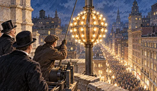 Illustration of a rooftop operator lowering a ribbed ball covered in light bulbs above a crowded early twentieth-century street.