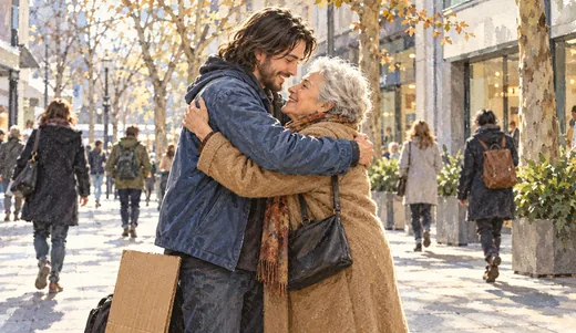 Illustration of a young man hugging an elderly woman on a shopping street, with a cardboard sign beside him.