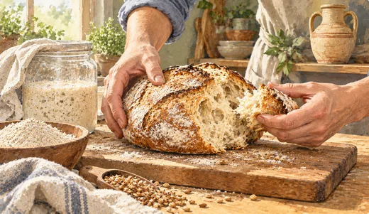Illustration of hands breaking a fresh loaf beside risen sourdough starter, grain and a pottery vessel.