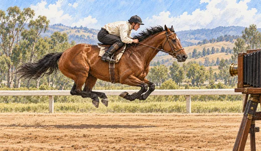 Illustration of a galloping bay horse with all four hooves off the track and a period camera at the edge of the scene.