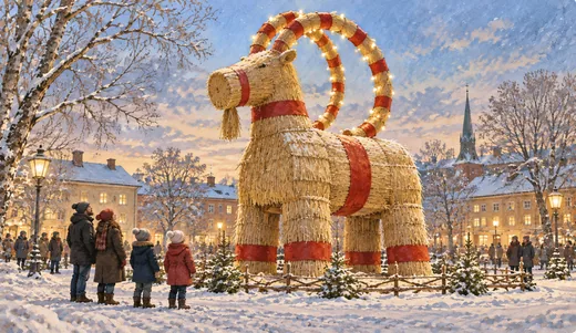 Illustration of a large straw goat with curved horns and red ribbons, surrounded by bundled-up visitors.