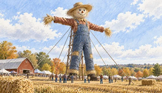 Illustration of a towering scarecrow supported by timber framing and guy ropes above visitors at a harvest fair.