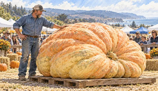 Illustration of a grower and onlookers beside a huge, irregularly lobed pumpkin resting on a heavy platform.