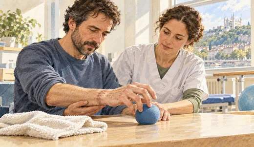 Illustration of a patient moving a hand around a soft ball while a therapist supports the forearm.