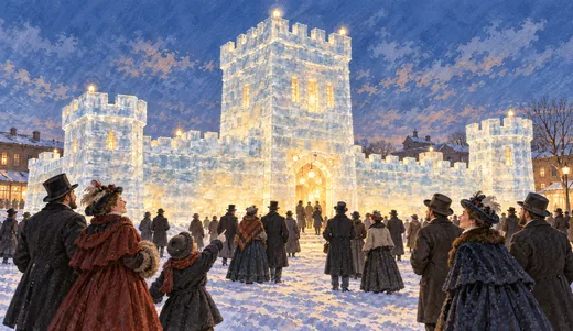 Illustration of visitors outside an illuminated ice-block palace with corner turrets on a snowy evening.