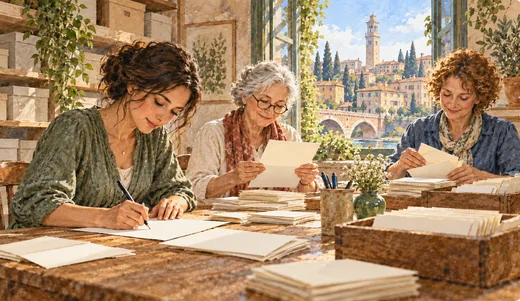 Illustration of three volunteers reading, sorting and answering letters at a table covered with envelopes.