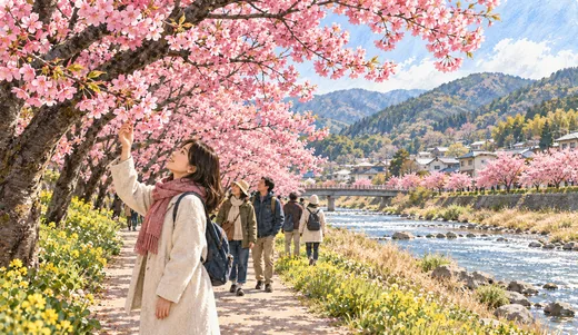 Illustration of deep pink cherry blossoms above a riverside path in a Japanese town, with visitors wearing cool-weather coats.