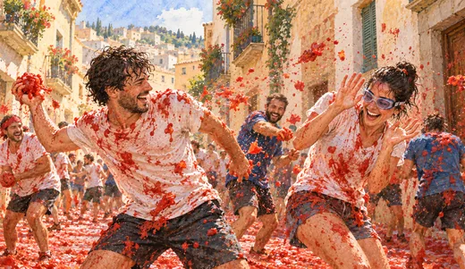 Illustration of laughing festivalgoers throwing tomatoes on a Spanish street, with tomato pulp covering their clothes.