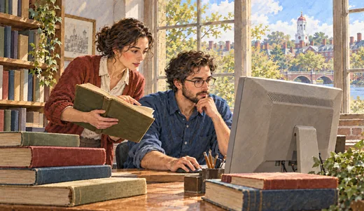 Illustration of two researchers comparing a historical-language book with analysis on a computer.