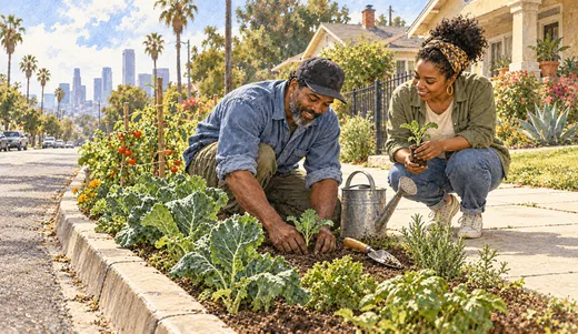 Illustration of a gardener planting vegetables between a Los Angeles curb and sidewalk as a neighbor holds a seedling.