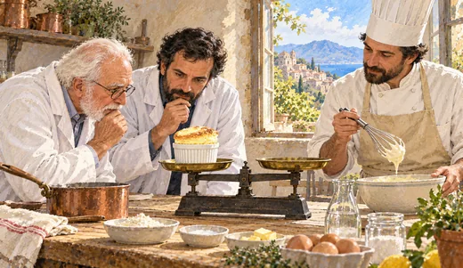 Illustration of two scientists and a chef examining a souffle on a kitchen balance beside a mixing bowl and whisk.