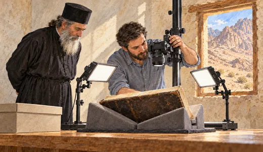Illustration of a monk watching a technician adjust a camera above an old manuscript under two lighting panels.