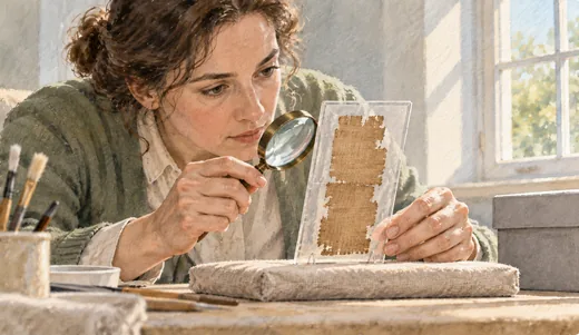 Illustration of a manuscript specialist examining a small papyrus fragment in a protective mount with a magnifying glass.