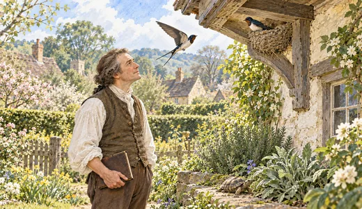 Illustration of a naturalist watching swallows near a cottage nest, with a tortoise in the garden.