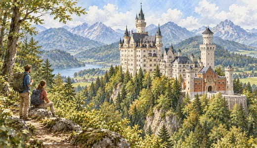 Illustration of Neuschwanstein Castle's white towers and dark roofs on a forested Alpine ridge.