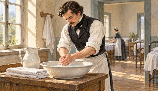 Illustration of a nineteenth-century doctor washing his hands in a porcelain basin beside a jug and linen.