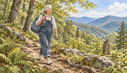 Illustration of an older woman walking an Appalachian woodland trail with a homemade sack and canvas sneakers.