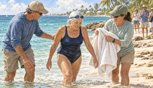 Illustration of an older swimmer in a navy swimsuit reaching a beach, with two supporters and a towel nearby.