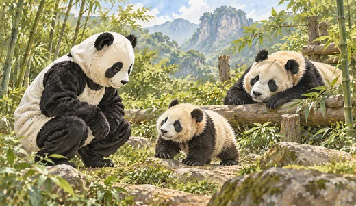 Illustration of a keeper in a panda costume crouching beside a panda cub, with an adult panda resting nearby.