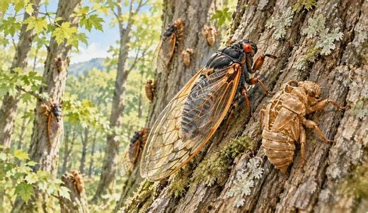 Illustration of a red-eyed periodical cicada with orange-veined wings beside its empty nymph shell.