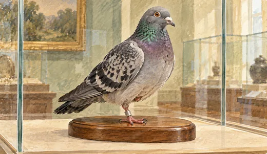 Illustration of a preserved pigeon on a wooden base, with a band on its remaining leg.