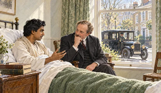 Illustration of a young patient and a visitor talking in a room, with an early motor taxi outside the window.