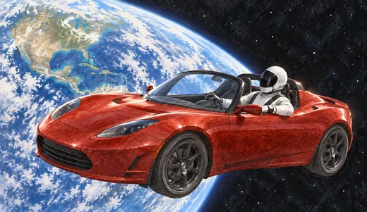 Illustration of a red open-top sports car carrying a spacesuited mannequin in space, with Earth behind it.