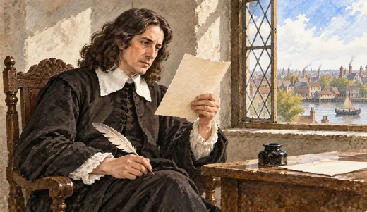 Illustration of a Restoration-era literary critic reviewing a manuscript while holding a quill.