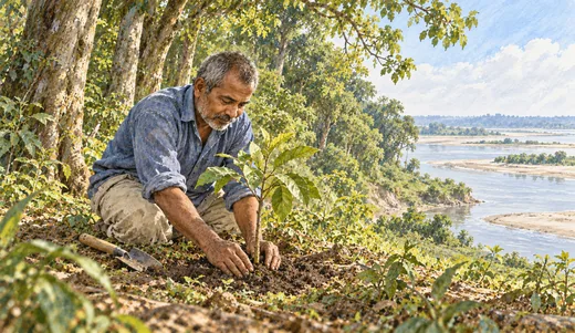 Illustration of an older man planting a sapling beside a mature riverside forest, with exposed sandbanks beyond.