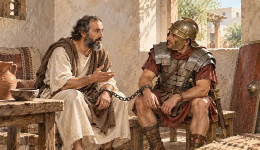 Illustration of a man speaking with a Roman soldier while linked by a wrist chain, with armor and a shield nearby.