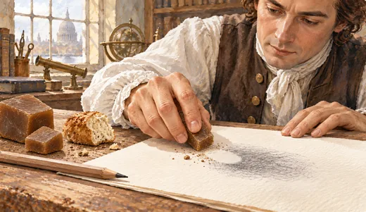 Illustration of an engineer rubbing pencil marks with a piece of rubber, with bread and rubber blocks on the workbench.